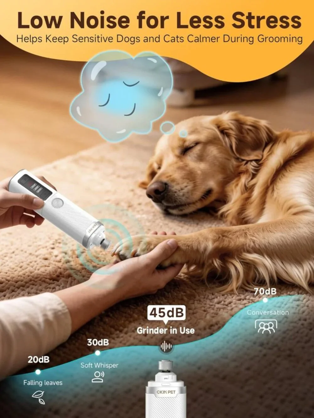 Quiet Electric Dog Nail Grinder with LED Lights, 3-Speed Rechargeable Pet